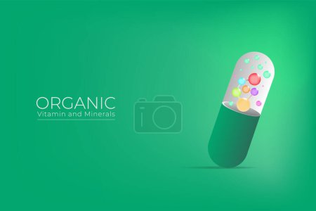 Vitamins and minerals supplement in transparent organic green capsules. Illustration of some vitamins and minerals in colorful bubbles on fresh green background