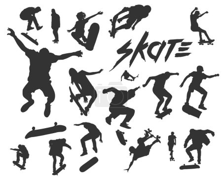 Téléchargez les illustrations : Collection silhouette de skateboarder vectoriel - en licence libre de droit