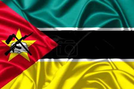 Téléchargez les photos : Mozambique agitant drapeau gros plan satin texture fond - en image libre de droit
