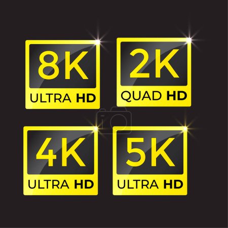 Logotipo de resolución de vídeo realista 8K Ultra HD sobre fondo blanco. 8k pantalla de alta definición etiqueta vector ilustración conjunto.