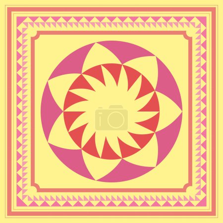 Flower ornament with frame on yellow color for scarf, bandana, ceramic tiles design element