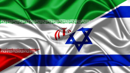 Geteiltes Fahnenschwenken Bild des Iran und Israels. Iran Israel Konfliktkonzept Hintergrund