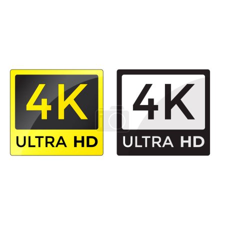 Ilustración de Diseño de iconos de resolución de vídeo 4K Ultra HD amarillo y negro. Ilustración vectorial de alta definición 4k aislada sobre fondo blanco. Se puede utilizar para la etiqueta de pantalla de TV o monitor - Imagen libre de derechos