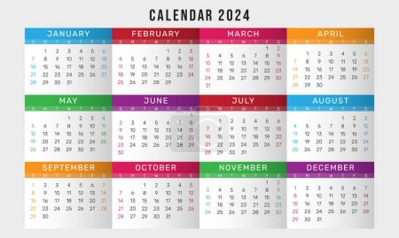 Ilustración de Plantilla colorida del diseño del vector del calendario 2024, año de diseño limpio simple del calendario 2024 - Imagen libre de derechos