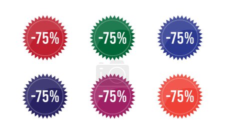 Illustration for Minus 75 % discount stamp promotional badge design vector sticker set on white background in six different color - Royalty Free Image