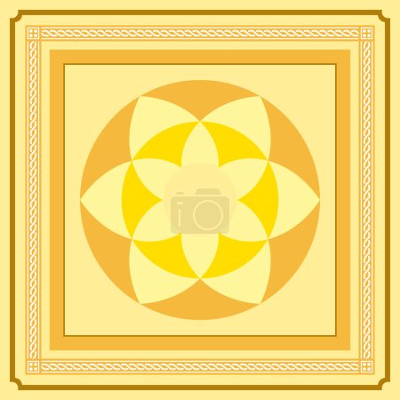 Téléchargez les illustrations : Ornement de fleurs avec cadre sur couleur jaune pour écharpe, bandana, carreaux de céramique élément de conception - en licence libre de droit