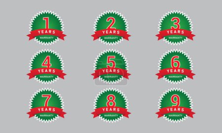 Illustration for One to Nine year green warranty badges design isolated on grey background - Royalty Free Image