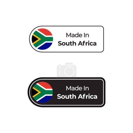 Téléchargez les illustrations : Fabriqué en Afrique du Sud étiquettes vectorielles, conception de badge avec drapeau national. Fabriqué en Afrique du Sud timbre sur fond blanc - en licence libre de droit