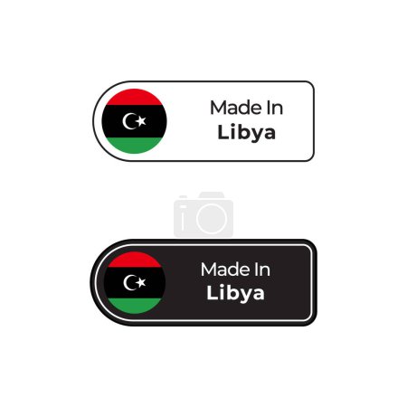 Téléchargez les illustrations : Fabriqué en Libye étiquettes vectorielles, conception de badge avec drapeau national. Fabriqué en Libye timbre sur fond blanc - en licence libre de droit