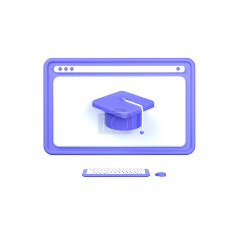 Photo for 3d illustration computer monitor display and graduation cap. Online education, e-learning, online training, workshops and courses - Royalty Free Image