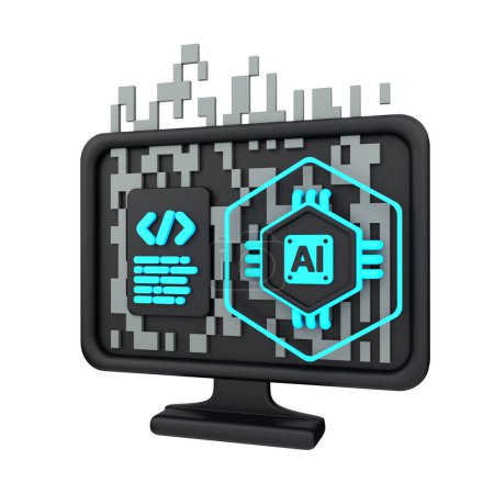 Photo for 3d minimal artificial intelligence concept. Artificial Intelligence Program. AI chip with computer, coding window and digital data. 3d illustration - Royalty Free Image