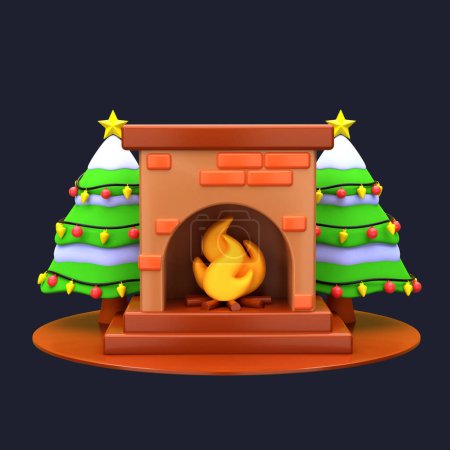 Photo for 3d illustration fireplace and christmas pine tree object. 3D creative Christmas design icon. 3D Rendering. - Royalty Free Image