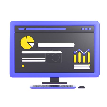 computer monitor with a graph bar on it. 3d illustration icon. Cartoon minimal style.