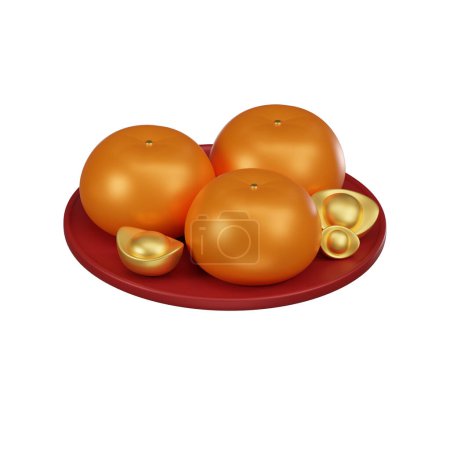 Foto de Un icono 3D que muestra naranjas de mandarina e lingotes de oro en un plato, un símbolo de riqueza y abundancia durante el Año Nuevo Lunar. - Imagen libre de derechos