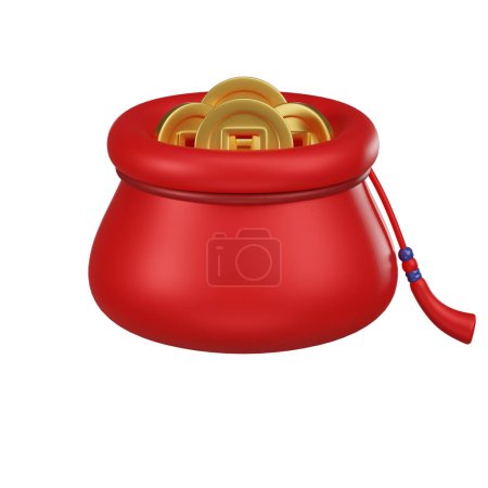 Photo for A 3D icon of a red pouch filled with traditional Chinese gold coins, symbolizing wealth and prosperity for the New Year. - Royalty Free Image