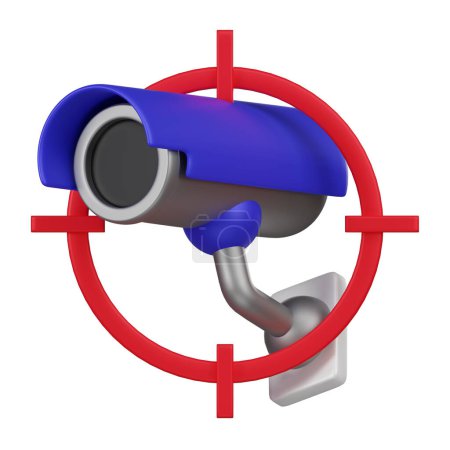 A 3D icon of a surveillance camera within a targeting reticle, emphasizing privacy protection and security monitoring.
