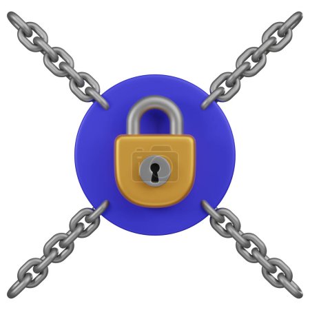 Téléchargez les photos : Une icône 3D représentant un cadenas numérique entouré de chaînes, signifiant un cryptage fort et la sécurité des données numériques. - en image libre de droit