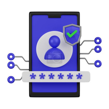 Foto de Icono 3D con un dispositivo móvil con un escudo de autenticación de usuario, que simboliza el inicio de sesión seguro y la protección de datos. - Imagen libre de derechos