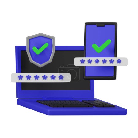 Photo for A 3D icon displaying a laptop and smartphone with security shields, denoting comprehensive cybersecurity for multiple devices. - Royalty Free Image