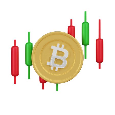 A striking 3D illustration of a golden Bitcoin against a background of red and green candlestick charts, depicting market volatility in cryptocurrency trading.
