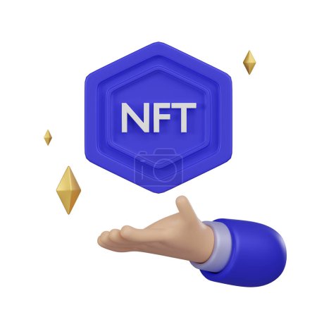 Un icono 3D visualmente llamativo de una mano que presenta un símbolo NFT hexagonal, que representa el concepto de poseer activos digitales en forma de fichas no fungibles.