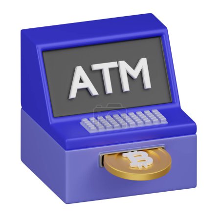 A 3D model of a cryptocurrency ATM with a Bitcoin symbol, designed for digital currency transactions.