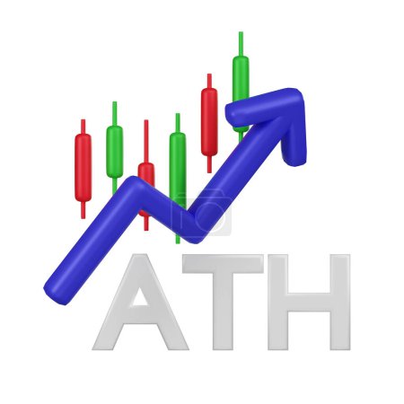 La imagen 3d captura una flecha de tendencia creciente y un gráfico de velas que alcanza 'ATH', lo que representa un pico en el valor de mercado de criptomonedas.