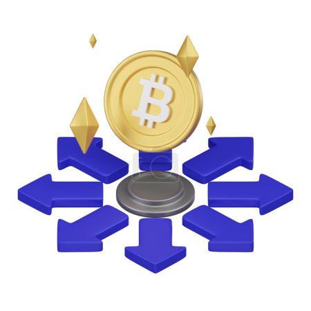 Foto de Una imagen conceptual que muestra un Bitcoin sobre una plataforma con flechas direccionales, simbolizando el efecto descentralizador de la criptomoneda en los sistemas financieros. - Imagen libre de derechos