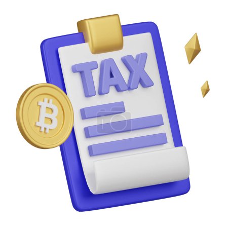 Téléchargez les photos : Cette illustration 3d montre un presse-papiers avec le mot "TAX" et des lignes de texte, aux côtés d'une pièce Bitcoin, mettant en évidence les considérations fiscales crypto-monnaie. - en image libre de droit