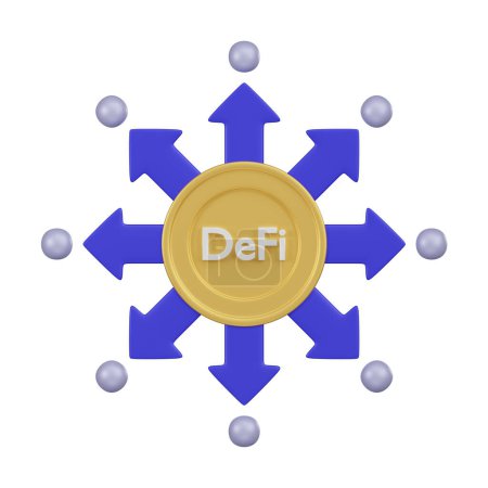 Esta imagen ilustra una moneda de oro con la inscripción "DeFi" en el centro, rodeada de flechas apuntando hacia afuera, que representan el crecimiento de las finanzas descentralizadas..