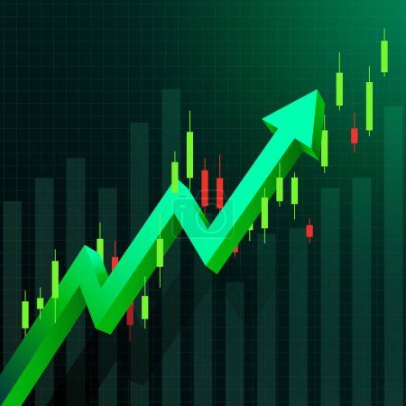 Green uptrend abstract background. A green arrow and a group of the bar chart show the market trend to uprise. Background for the economy and data analysis.