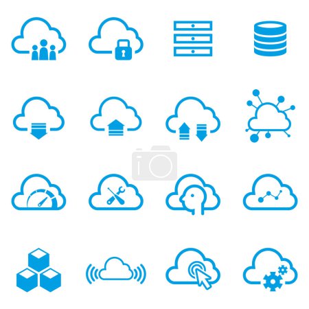 Illustration for Cloud Computing Platform Icon Set. A set of vector icons representing diverse aspects of cloud platforms. Perfect for illustrating tech concepts and solutions. - Royalty Free Image