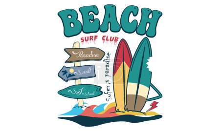 Téléchargez les illustrations : T-shirt Paradise Summer Surfing Beach. California Colorful Beach Illustration Design, Bonjour, Summer California Beach Vector T-shirt Design. - en licence libre de droit