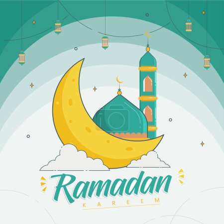 Ramadan moon in dark purple sky Background, Ramadan Mubarak, Ramadan Kareem, Typography template.