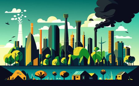 Ilustración de Fábrica industrial con humo, contaminación atmosférica, contaminación y humo, ilustración vectorial conocimiento del cambio climático - Imagen libre de derechos