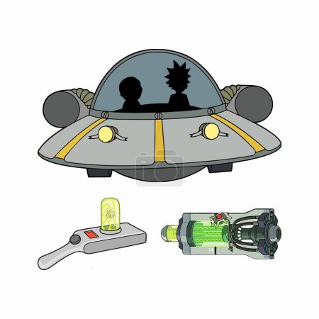 Ilustración de Rick y morty activos iconos empaquetan armas espaciales y portales - Imagen libre de derechos