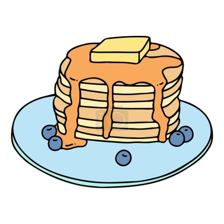 Téléchargez les illustrations : Illustration de crêpes charmantes et minimalistes ornées de miel arrosé, de bleuets juteux et d'une cuillerée de beurre. - en licence libre de droit