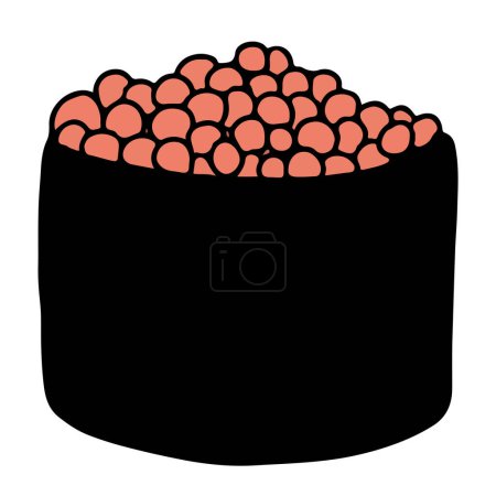 Téléchargez les illustrations : Sushi Gunkan avec caviar rouge dans un style plat de dessin animé. Cuisine traditionnelle japonaise dessinée à la main - en licence libre de droit