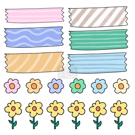 Set of cute washi tapes, simple drawings in doodle style.