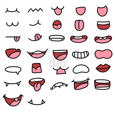 Ilustración de Bocas vector establecido en diferentes posiciones. Con dientes, lengua, sonrisa, ira, abierto, hablar, etc.. - Imagen libre de derechos
