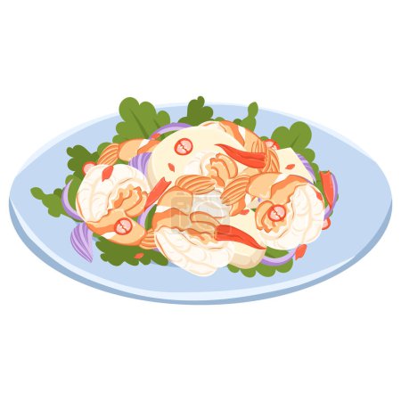Téléchargez les illustrations : Salade aux crevettes et légumes Thai food on plate - en licence libre de droit