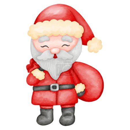 Téléchargez les illustrations : Père Noël avec un sac rouge de peintures de style aquarelle - en licence libre de droit