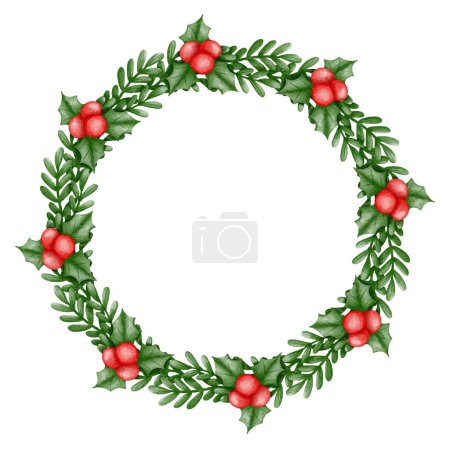 Téléchargez les illustrations : Joyeux Noël avec l'aquarelle de couronne de baies. Couronne de Noël hiver floral - en licence libre de droit