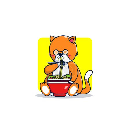Téléchargez les illustrations : Mignon chat manger nouilles dessin animé illustration, plat style dessin animé - en licence libre de droit