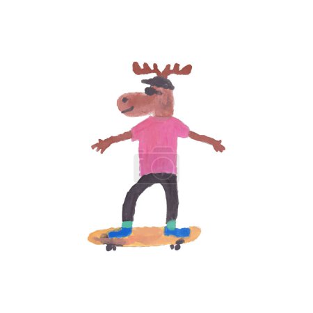 Téléchargez les illustrations : Mignon cerf jouant skateboard vecteur design pour papier peint, fond, tissu et textile - en licence libre de droit