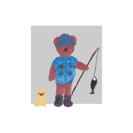Illustration for Cute bear fishing with cat vector design for wallpaper, background, fabric and textile - Royalty Free Image