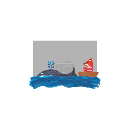 Téléchargez les illustrations : Baleine et renard mignon jouant sur la conception vectorielle de la mer pour papier peint, tissu et textile - en licence libre de droit