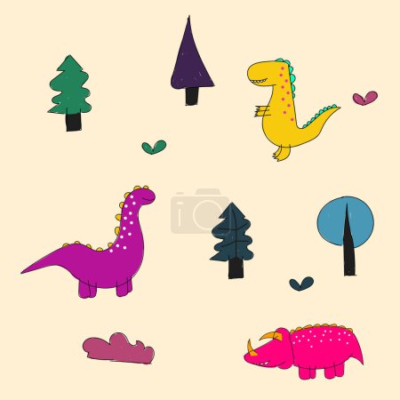 Ilustración de Lindo diseño de vectores de dinosaurios para papel pintado, fondo, tela y textiles - Imagen libre de derechos