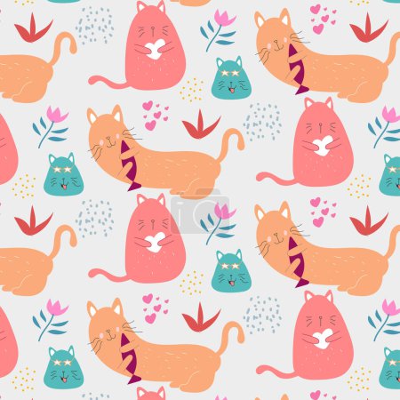 Ilustración de Patrón moderno infantil sin costuras con lindos gatos dibujados a mano. para tela, impresión, textil, papel pintado, ropa - Imagen libre de derechos