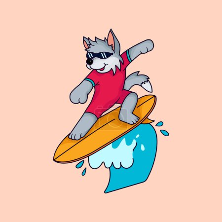 Téléchargez les illustrations : Illustration vectorielle de surf loup mignon pour tissu, textile et imprimé - en licence libre de droit